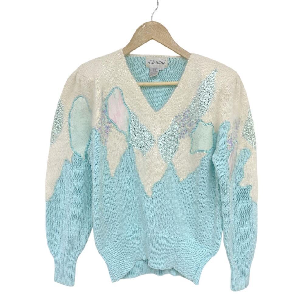 Vintage Women's Christine Patterned Knit Blue White V-Neck Sweater Size L